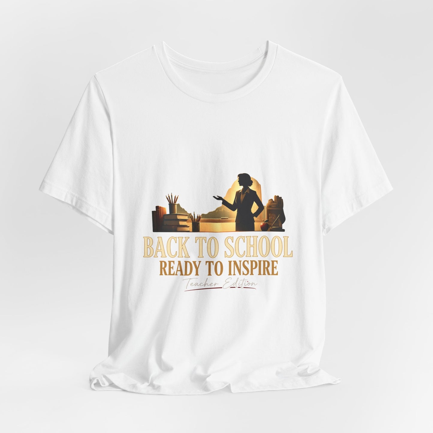 Back to School Ready to Inspire tee | Teacher silhouette, classroom books graphic
